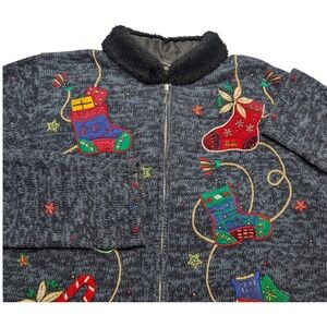 Vintage Designers Studio Originals Christmas Sweater Women Large Blue Zip Beaded